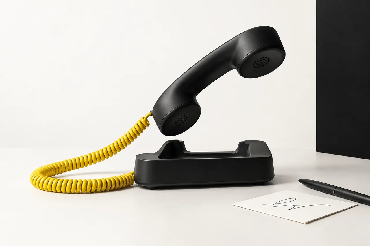 A black telephone handset with a citrine cord, answered